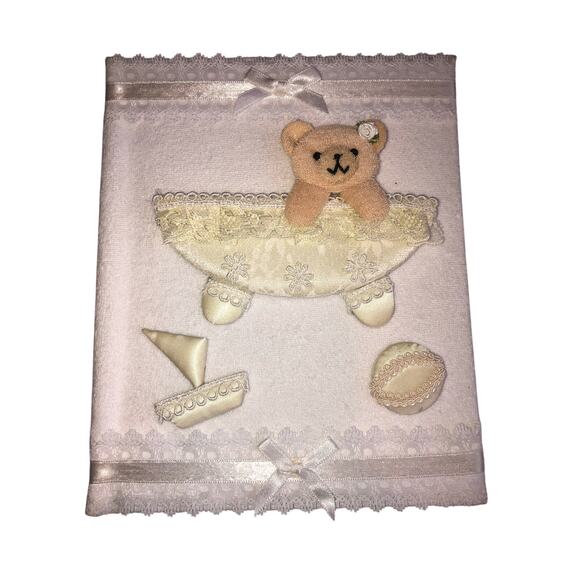 Baby Memory Book Photo Album Fabric Bear Ribbon Lace White Cream Applique 9"x7" - Picture 1 of 6